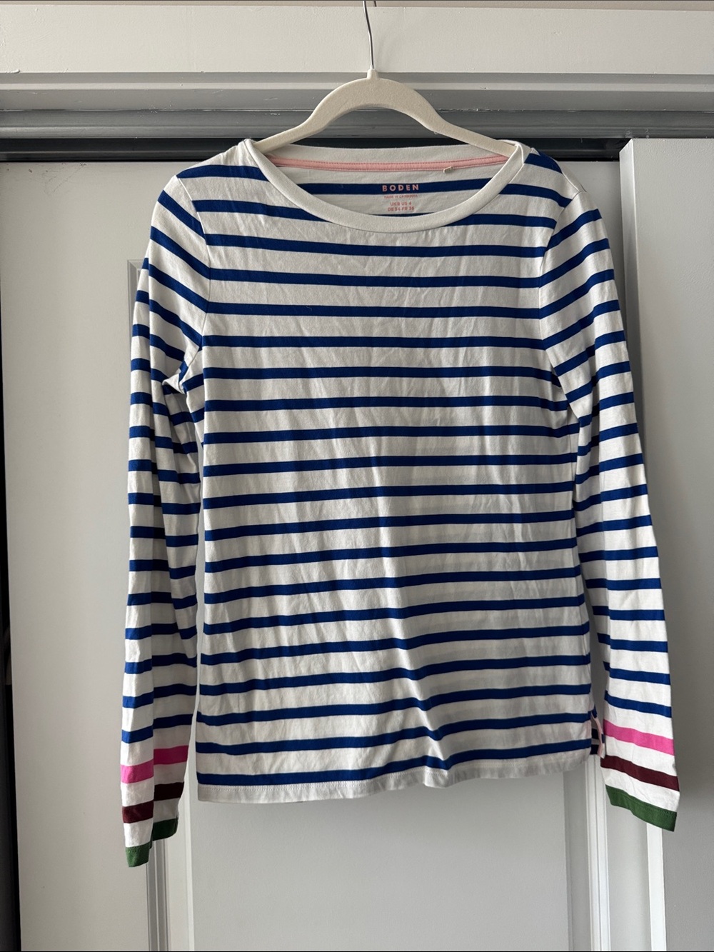 Boden White & Blue Striped Long-Sleeve Tee with Colorful Cuffs